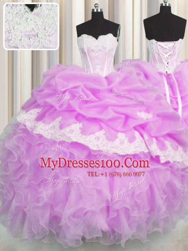 Hot Sale Pick Ups Lilac Sleeveless Organza Lace Up 15 Quinceanera Dress for Military Ball and Sweet 16 and Quinceanera