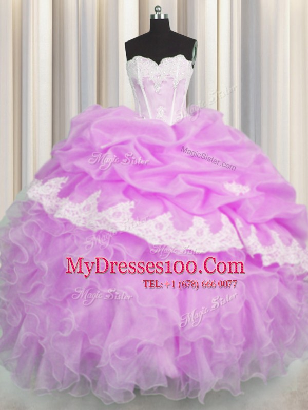Hot Sale Pick Ups Lilac Sleeveless Organza Lace Up 15 Quinceanera Dress for Military Ball and Sweet 16 and Quinceanera