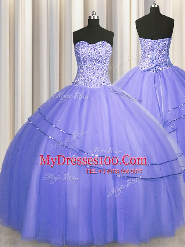 Clearance Visible Boning Puffy Skirt Sleeveless Tulle Floor Length Lace Up Quinceanera Gown in Purple with Beading