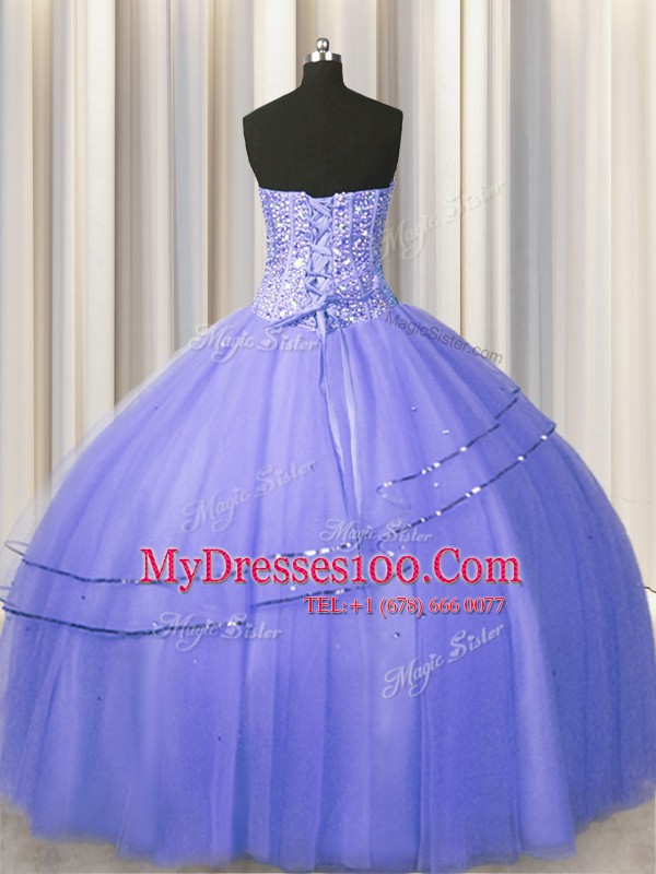 Clearance Visible Boning Puffy Skirt Sleeveless Tulle Floor Length Lace Up Quinceanera Gown in Purple with Beading