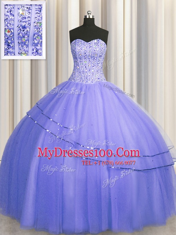 Clearance Visible Boning Puffy Skirt Sleeveless Tulle Floor Length Lace Up Quinceanera Gown in Purple with Beading