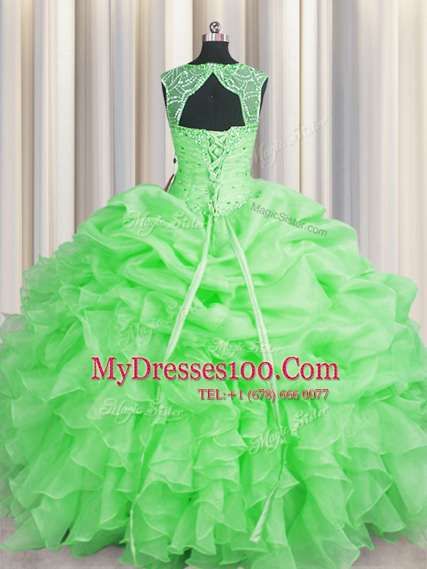 Glamorous Scoop Organza Sleeveless Floor Length 15 Quinceanera Dress and Beading and Pick Ups