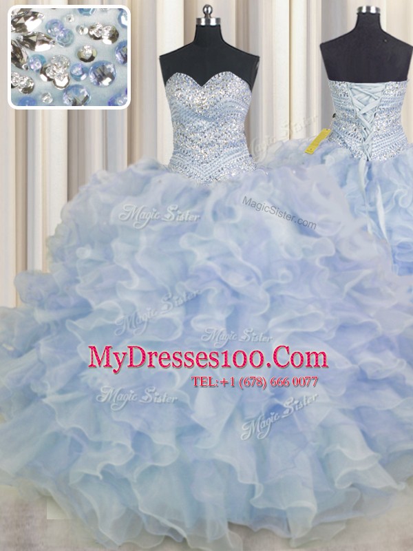 Best Selling Light Blue Quinceanera Dress Military Ball and Sweet 16 and Quinceanera and For with Beading and Ruffles Sweetheart Sleeveless Lace Up