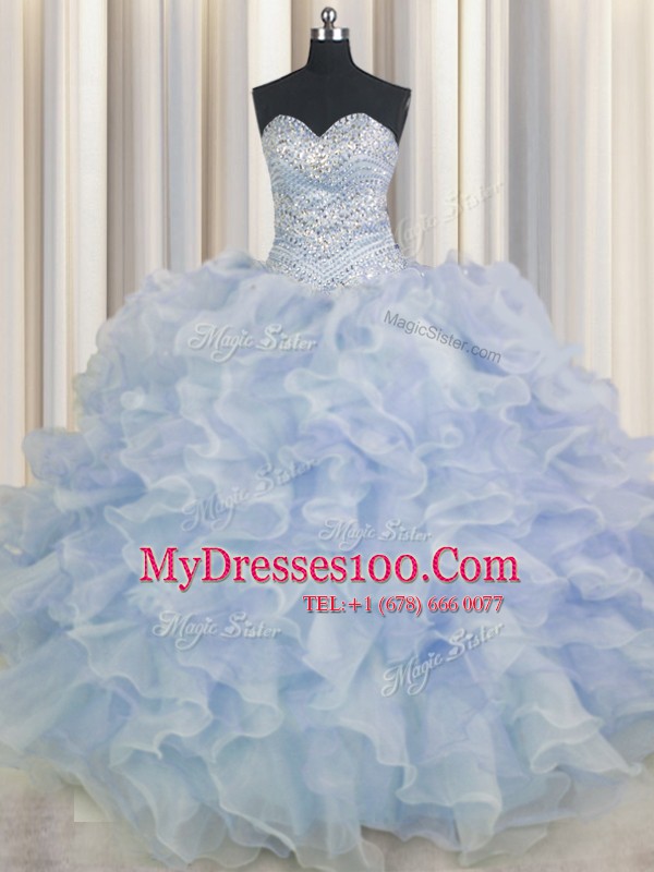 Best Selling Light Blue Quinceanera Dress Military Ball and Sweet 16 and Quinceanera and For with Beading and Ruffles Sweetheart Sleeveless Lace Up