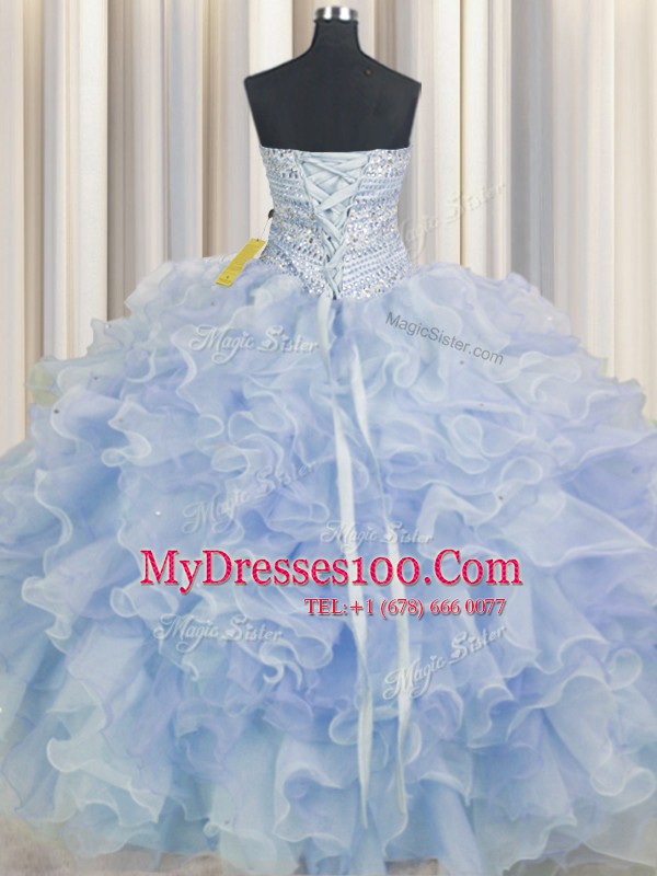 Best Selling Light Blue Quinceanera Dress Military Ball and Sweet 16 and Quinceanera and For with Beading and Ruffles Sweetheart Sleeveless Lace Up