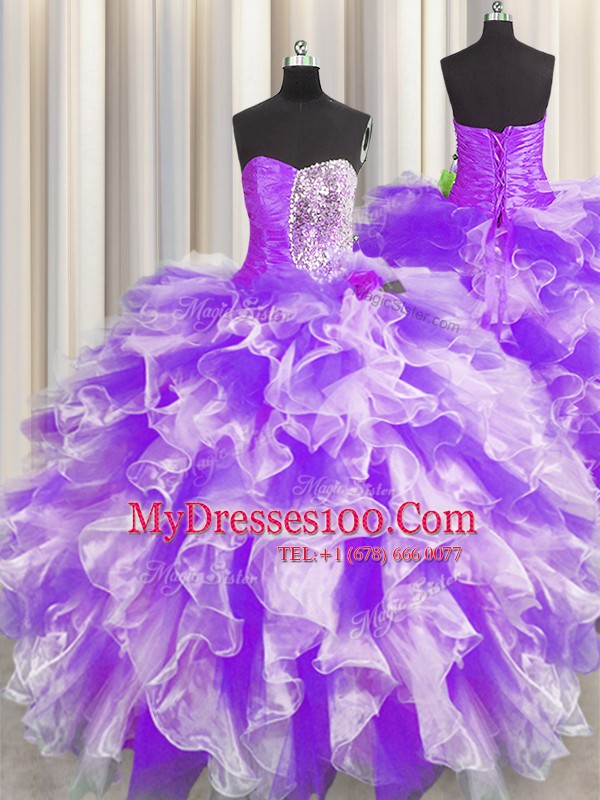Floor Length White And Purple 15th Birthday Dress Sweetheart Sleeveless Lace Up