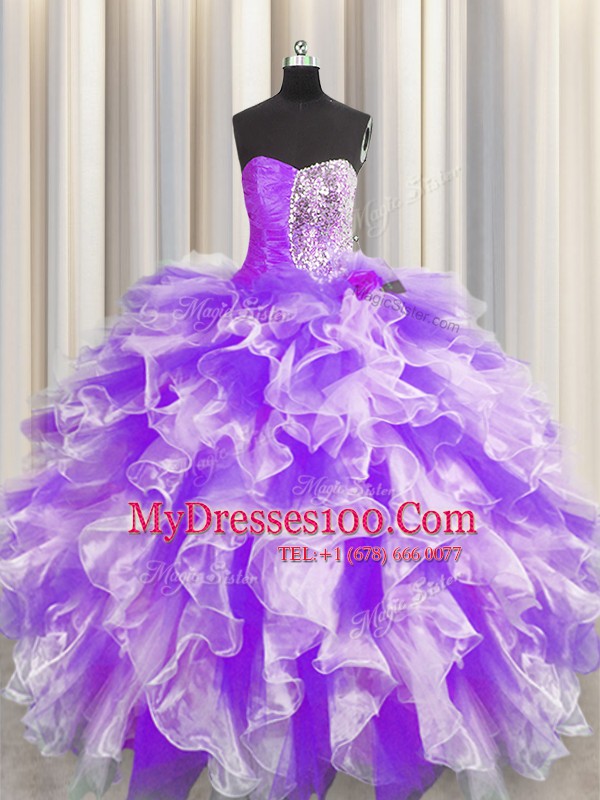 Floor Length White And Purple 15th Birthday Dress Sweetheart Sleeveless Lace Up