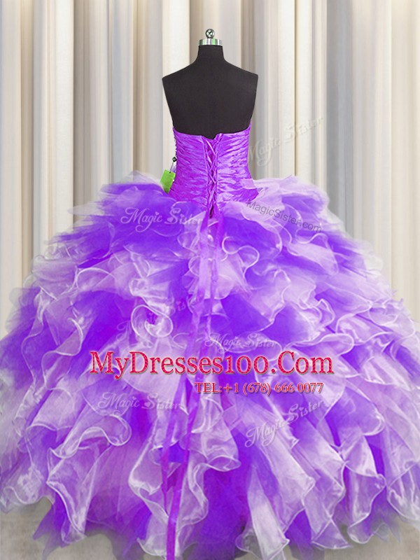 Floor Length White And Purple 15th Birthday Dress Sweetheart Sleeveless Lace Up