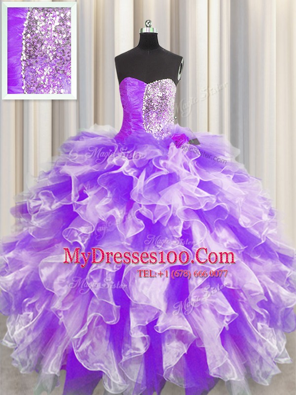 Floor Length White And Purple 15th Birthday Dress Sweetheart Sleeveless Lace Up