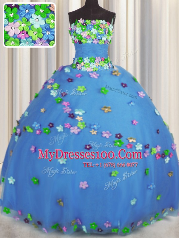 Wonderful Hand Made Flower Quince Ball Gowns Blue Lace Up Sleeveless Floor Length