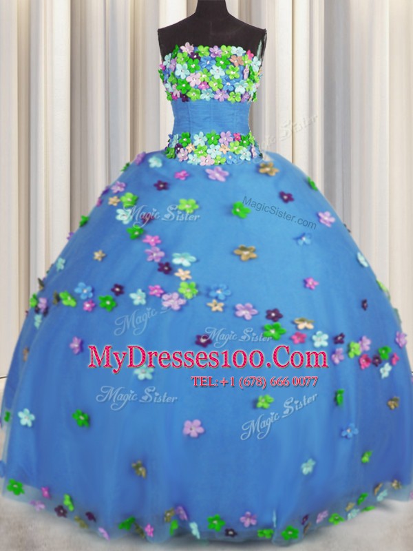 Wonderful Hand Made Flower Quince Ball Gowns Blue Lace Up Sleeveless Floor Length