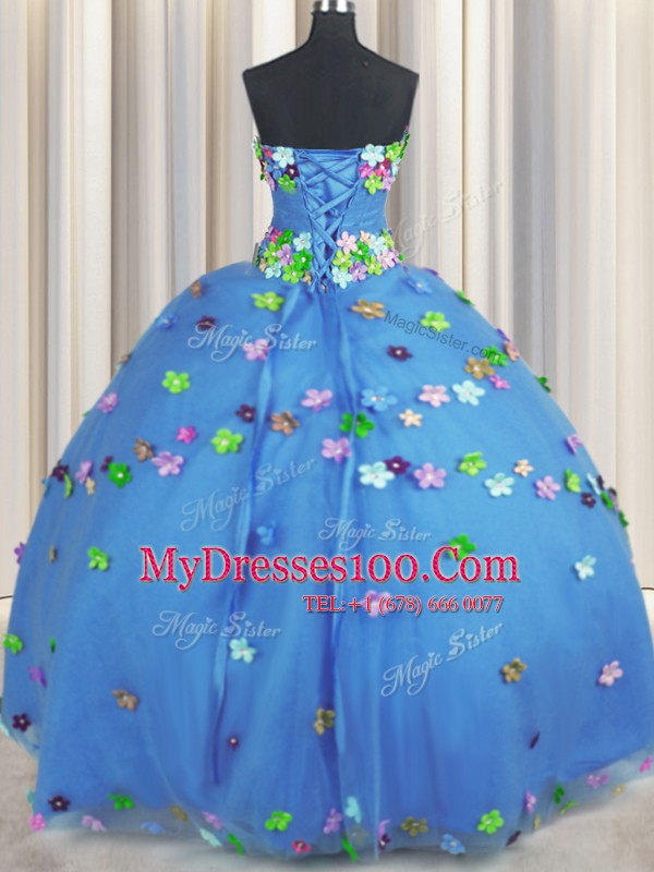 Wonderful Hand Made Flower Quince Ball Gowns Blue Lace Up Sleeveless Floor Length
