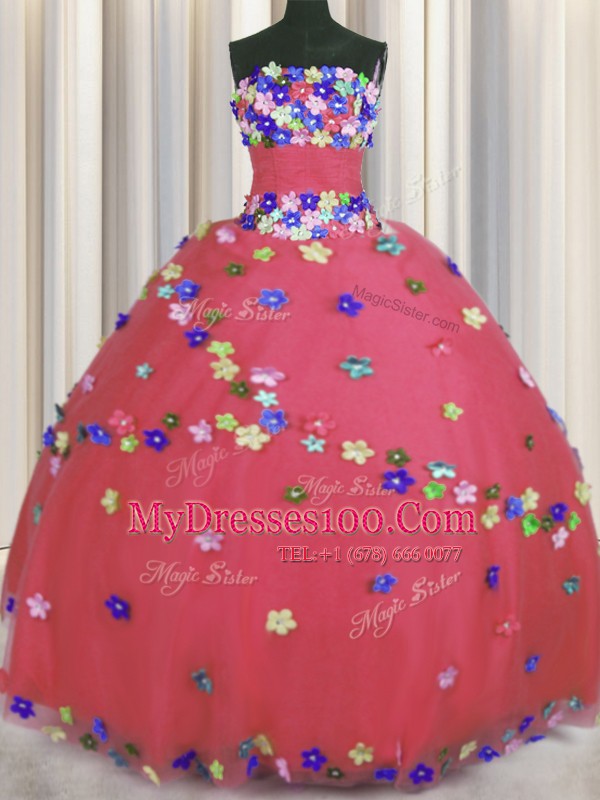 Dazzling Strapless Sleeveless Tulle Quinceanera Dress Hand Made Flower Lace Up