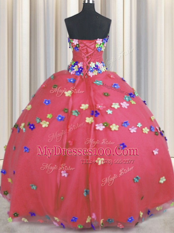 Dazzling Strapless Sleeveless Tulle Quinceanera Dress Hand Made Flower Lace Up