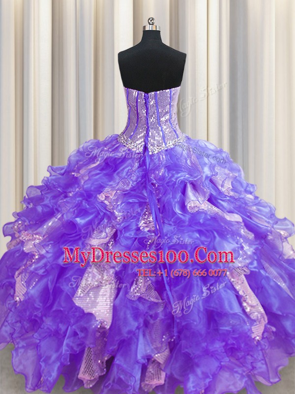 Deluxe Visible Boning Organza and Sequined Sleeveless Floor Length Quinceanera Gown and Beading and Ruffles and Sequins