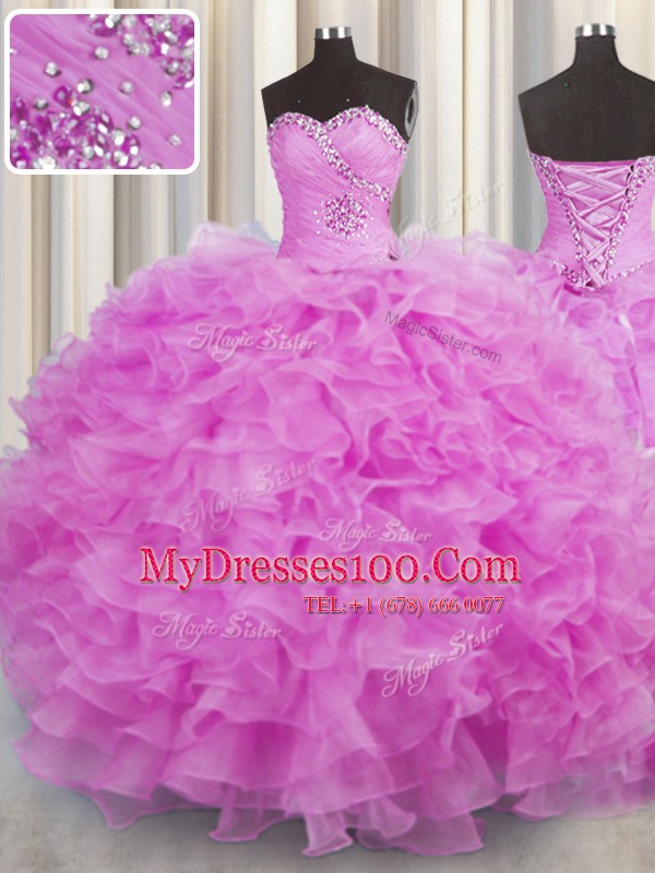 Low Price Lilac Sleeveless Beading and Ruffles Floor Length Quince Ball Gowns