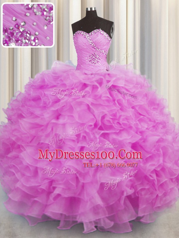 Low Price Lilac Sleeveless Beading and Ruffles Floor Length Quince Ball Gowns