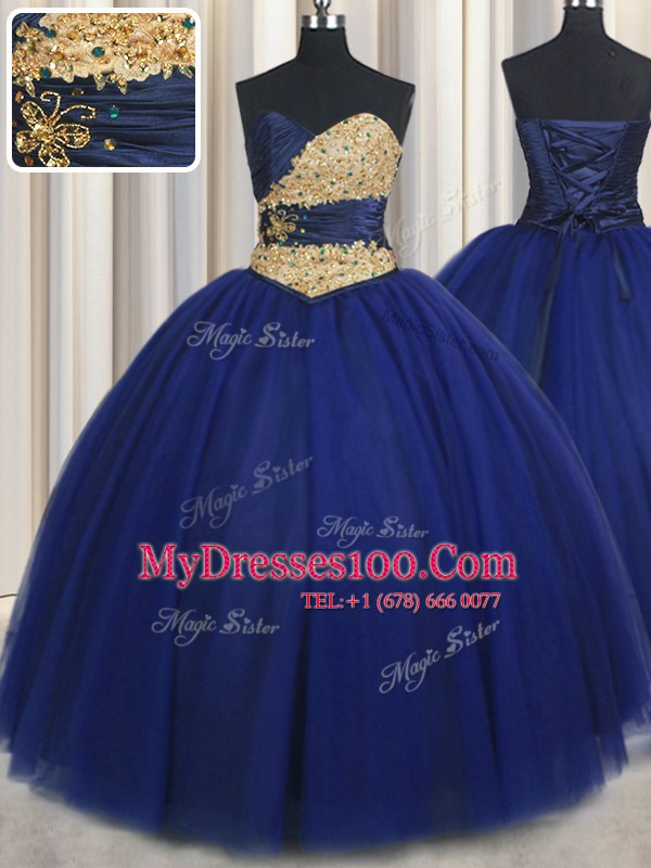 Sweetheart Sleeveless Lace Up 15th Birthday Dress Navy Blue Tulle