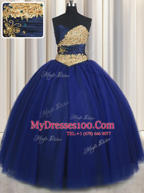 Sweetheart Sleeveless Lace Up 15th Birthday Dress Navy Blue Tulle