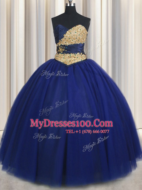 Sweetheart Sleeveless Lace Up 15th Birthday Dress Navy Blue Tulle