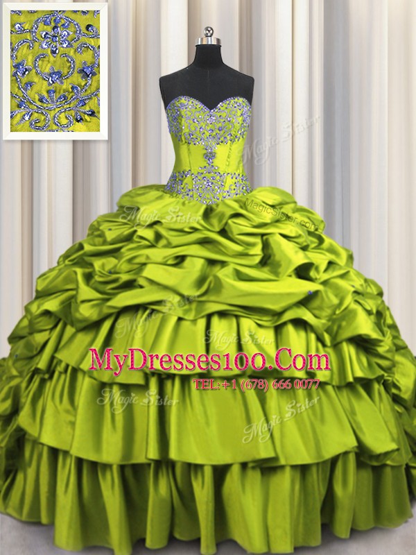 Trendy Brush Train Olive Green Sweetheart Neckline Beading and Embroidery and Ruffled Layers and Pick Ups Quinceanera Dress Sleeveless Lace Up