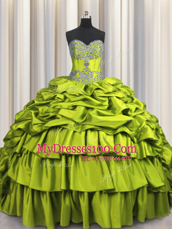 Trendy Brush Train Olive Green Sweetheart Neckline Beading and Embroidery and Ruffled Layers and Pick Ups Quinceanera Dress Sleeveless Lace Up