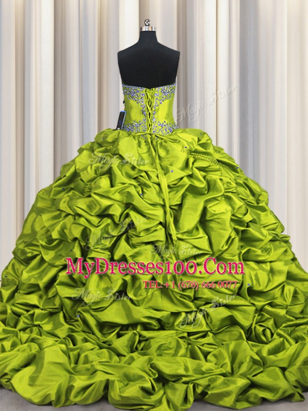 Trendy Brush Train Olive Green Sweetheart Neckline Beading and Embroidery and Ruffled Layers and Pick Ups Quinceanera Dress Sleeveless Lace Up