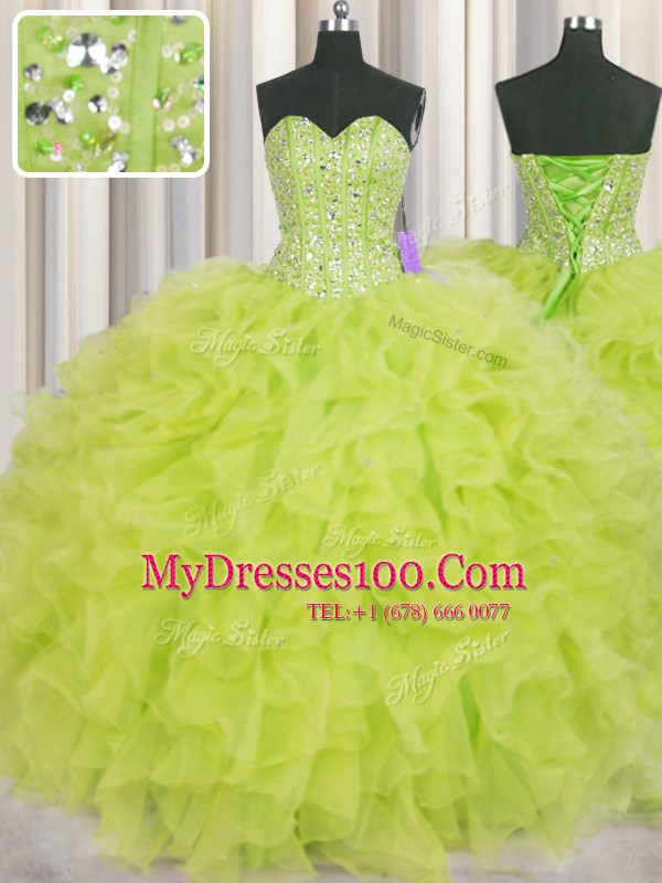 Visible Boning Sweetheart Sleeveless Quinceanera Gowns Floor Length Beading and Ruffles Yellow Green Organza