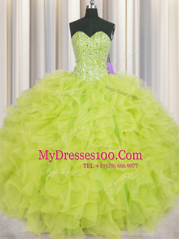 Visible Boning Sweetheart Sleeveless Quinceanera Gowns Floor Length Beading and Ruffles Yellow Green Organza