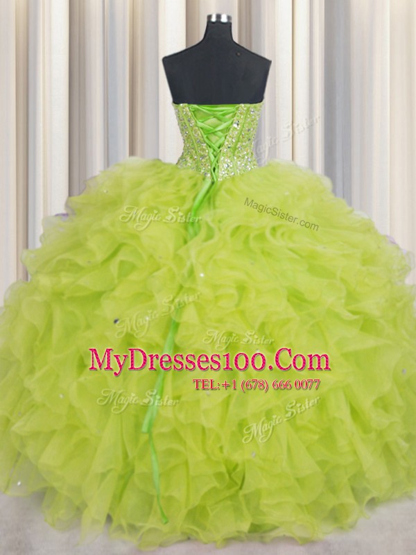 Visible Boning Sweetheart Sleeveless Quinceanera Gowns Floor Length Beading and Ruffles Yellow Green Organza