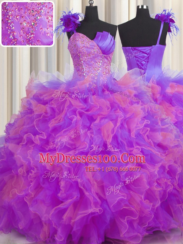 One Shoulder Handcrafted Flower Multi-color Tulle Lace Up 15th Birthday Dress Sleeveless Floor Length Beading and Ruffles and Hand Made Flower