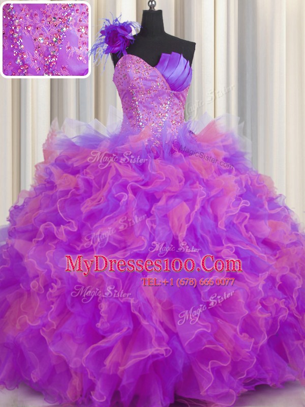 One Shoulder Handcrafted Flower Multi-color Tulle Lace Up 15th Birthday Dress Sleeveless Floor Length Beading and Ruffles and Hand Made Flower