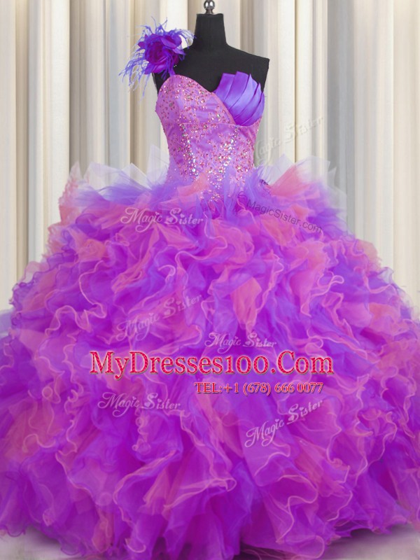 One Shoulder Handcrafted Flower Multi-color Tulle Lace Up 15th Birthday Dress Sleeveless Floor Length Beading and Ruffles and Hand Made Flower