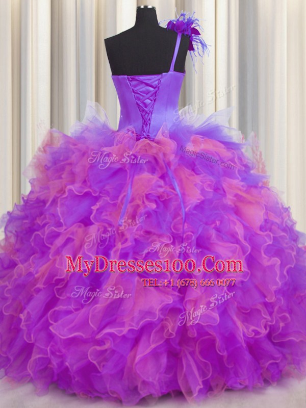 One Shoulder Handcrafted Flower Multi-color Tulle Lace Up 15th Birthday Dress Sleeveless Floor Length Beading and Ruffles and Hand Made Flower