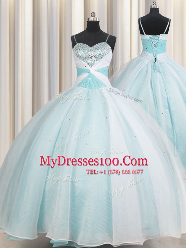 Artistic Spaghetti Straps Floor Length Lace Up Quince Ball Gowns Aqua Blue for Military Ball and Sweet 16 and Quinceanera with Beading and Ruching