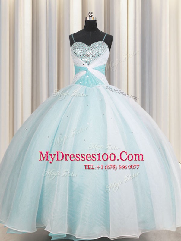 Artistic Spaghetti Straps Floor Length Lace Up Quince Ball Gowns Aqua Blue for Military Ball and Sweet 16 and Quinceanera with Beading and Ruching