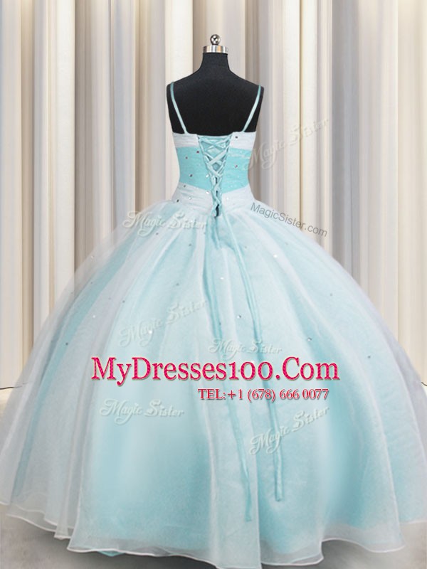 Artistic Spaghetti Straps Floor Length Lace Up Quince Ball Gowns Aqua Blue for Military Ball and Sweet 16 and Quinceanera with Beading and Ruching
