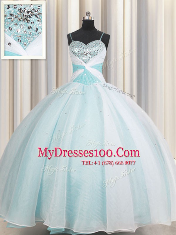 Artistic Spaghetti Straps Floor Length Lace Up Quince Ball Gowns Aqua Blue for Military Ball and Sweet 16 and Quinceanera with Beading and Ruching
