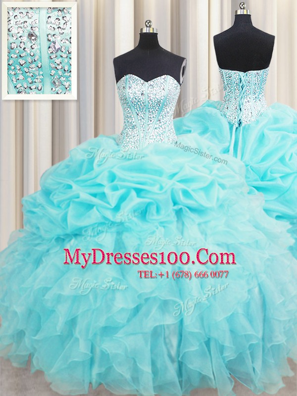 Inexpensive Pick Ups Visible Boning Aqua Blue Sleeveless Organza Lace Up Quinceanera Gowns for Military Ball and Sweet 16 and Quinceanera