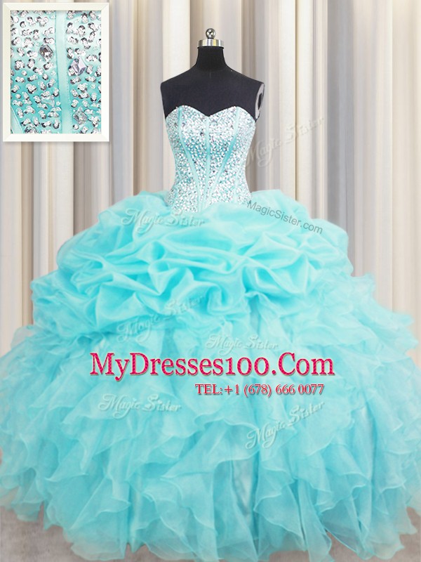 Inexpensive Pick Ups Visible Boning Aqua Blue Sleeveless Organza Lace Up Quinceanera Gowns for Military Ball and Sweet 16 and Quinceanera