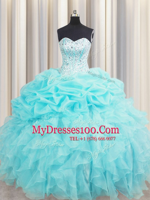 Inexpensive Pick Ups Visible Boning Aqua Blue Sleeveless Organza Lace Up Quinceanera Gowns for Military Ball and Sweet 16 and Quinceanera