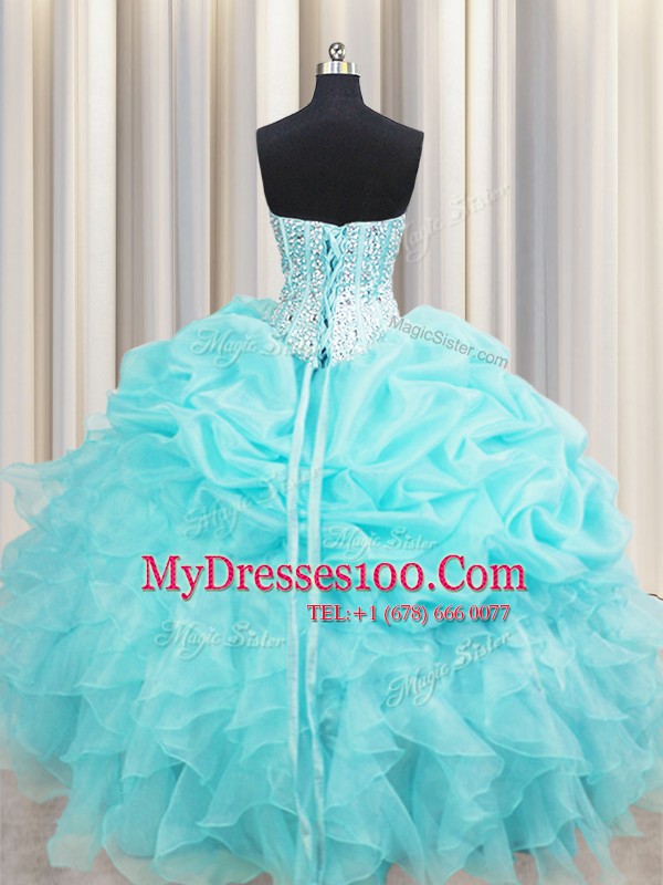 Inexpensive Pick Ups Visible Boning Aqua Blue Sleeveless Organza Lace Up Quinceanera Gowns for Military Ball and Sweet 16 and Quinceanera