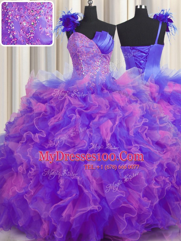 Romantic Handcrafted Flower One Shoulder Sleeveless Tulle Sweet 16 Quinceanera Dress Beading and Ruffles and Hand Made Flower Lace Up
