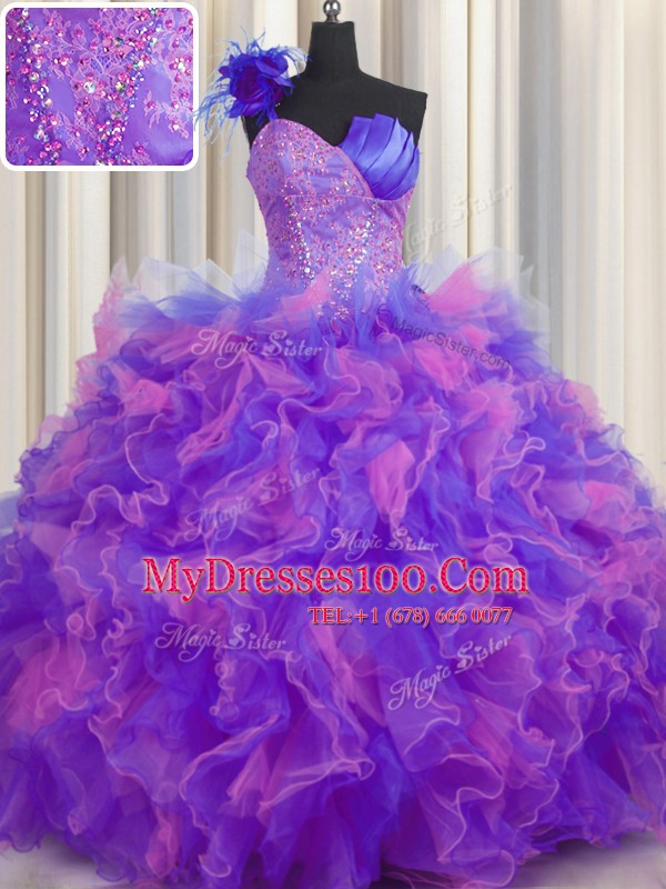 Romantic Handcrafted Flower One Shoulder Sleeveless Tulle Sweet 16 Quinceanera Dress Beading and Ruffles and Hand Made Flower Lace Up
