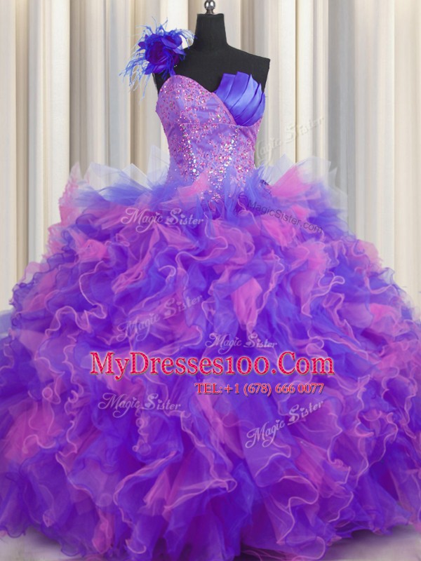 Romantic Handcrafted Flower One Shoulder Sleeveless Tulle Sweet 16 Quinceanera Dress Beading and Ruffles and Hand Made Flower Lace Up