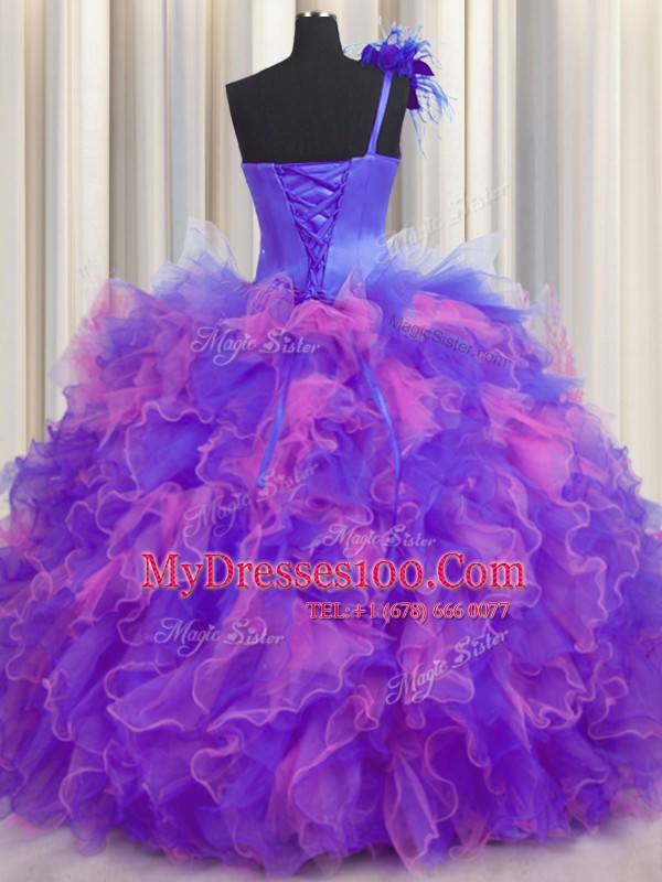 Romantic Handcrafted Flower One Shoulder Sleeveless Tulle Sweet 16 Quinceanera Dress Beading and Ruffles and Hand Made Flower Lace Up