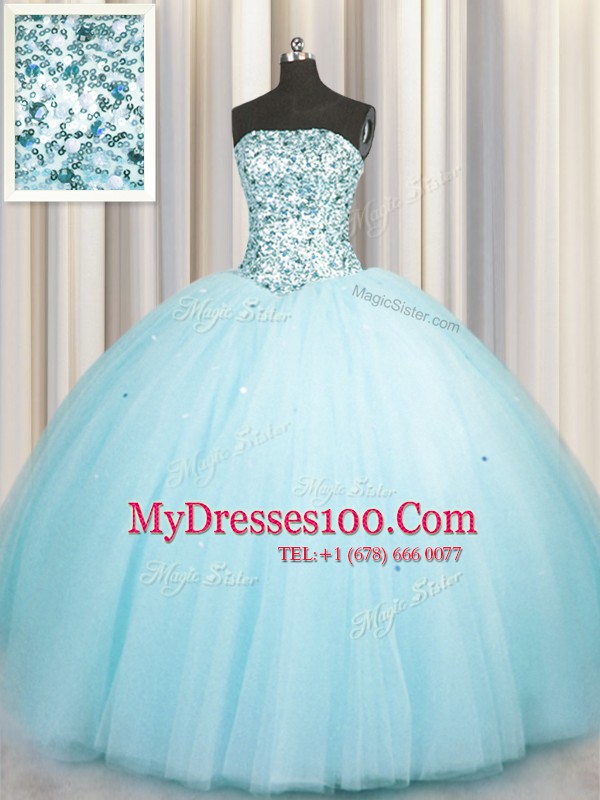 Fashion Sequins Really Puffy Floor Length Ball Gowns Sleeveless Aqua Blue Sweet 16 Dresses Lace Up