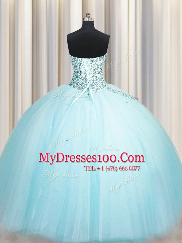 Fashion Sequins Really Puffy Floor Length Ball Gowns Sleeveless Aqua Blue Sweet 16 Dresses Lace Up