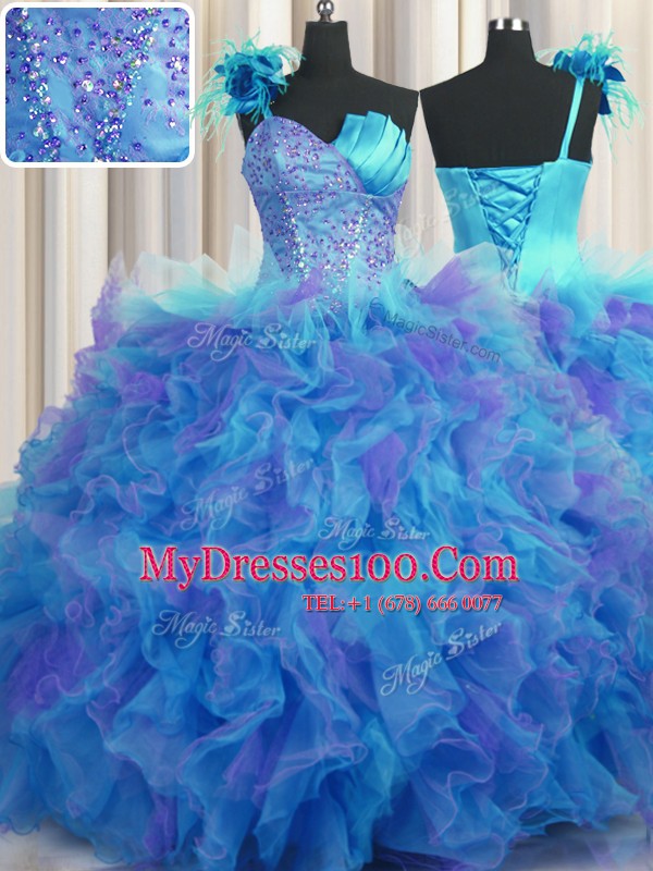 One Shoulder Handcrafted Flower Sleeveless Lace Up Floor Length Beading and Ruffles and Hand Made Flower Quinceanera Gowns