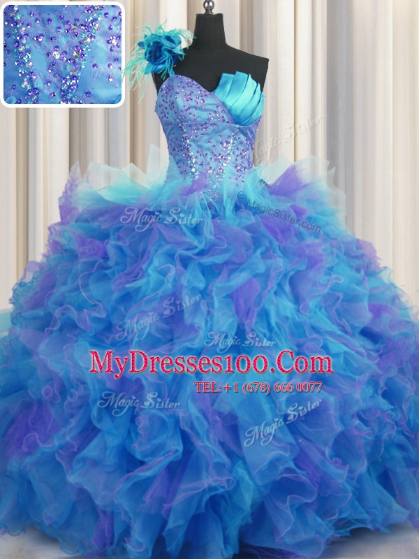 One Shoulder Handcrafted Flower Sleeveless Lace Up Floor Length Beading and Ruffles and Hand Made Flower Quinceanera Gowns